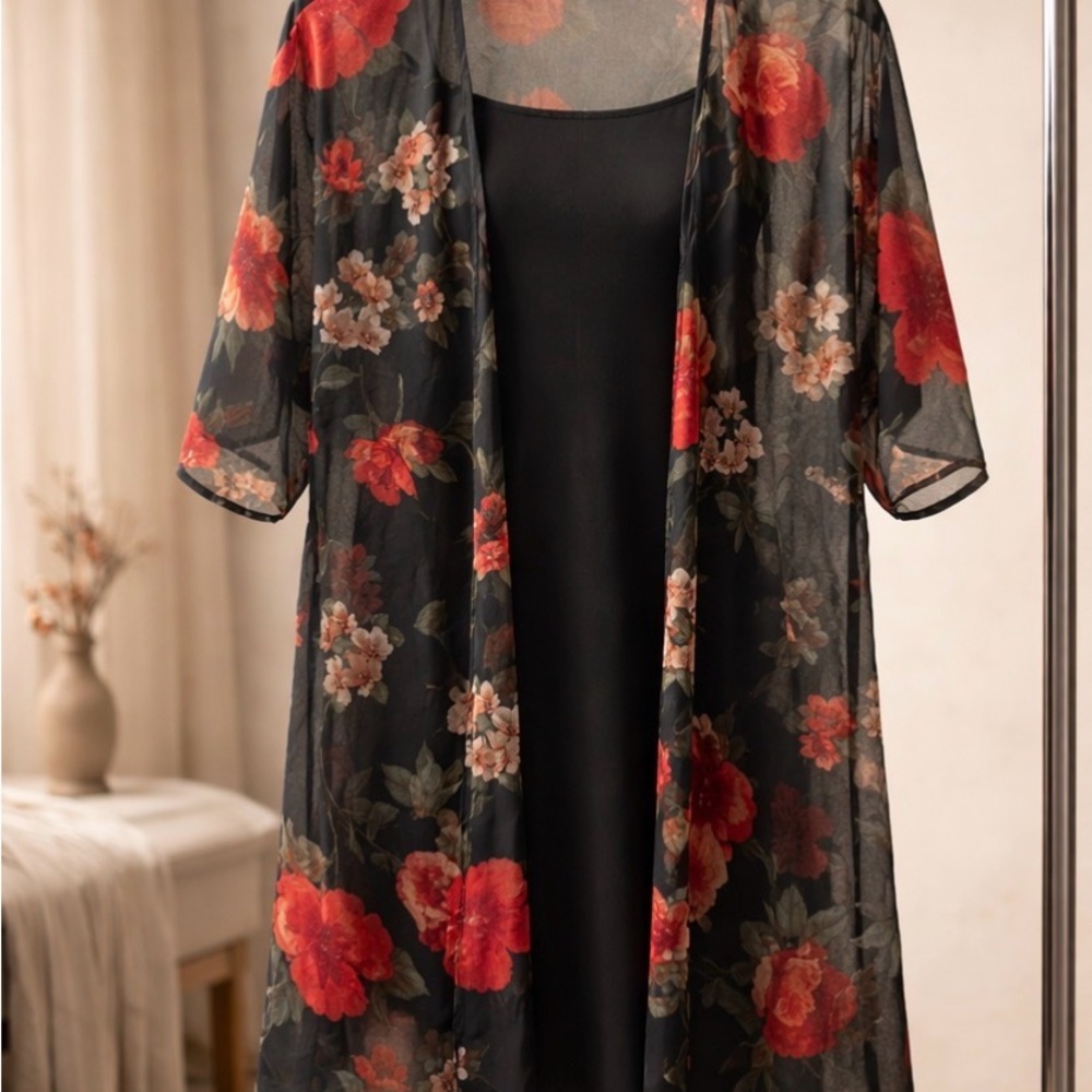 Floral Sheer Kimono Robe - Black and Red